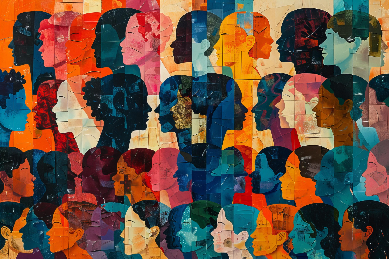 As diferenças da PHC para as demais abordagens na clínica.
Pintura com diversos rostos coloridos, representando a pluralidade do desenvolvimento psíquico humano como processo histórico e social. As expressões variadas simbolizam comportamentos fossilizados, a mediação cultural e a constituição da consciência, conceitos centrais da Psicologia Histórico-Cultural. A imagem reflete a ideia marxista de que o sujeito se forma na relação com o outro, em contextos concretos e contraditórios da vida real.