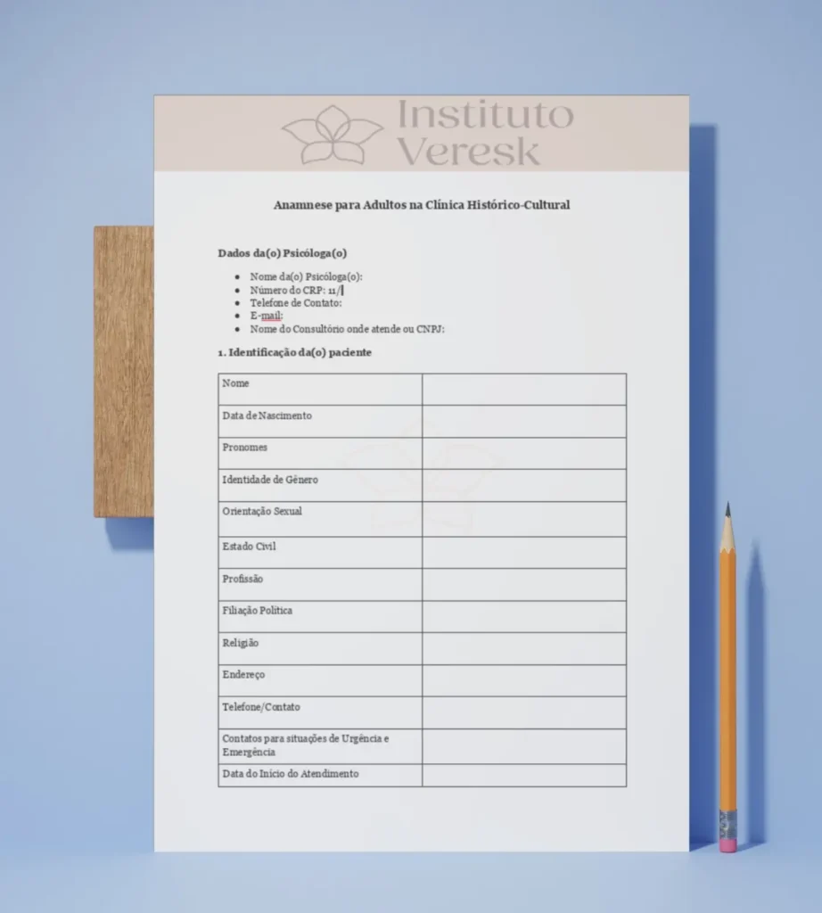 O Pack de Documentos Psicológicos (versão histórico-cultural) oferece ferramentas essenciais para psicólogos que atuam na clínica histórico-cultural. Inclui ficha de anamnese para adultos, crianças e adolescentes, ficha de conceitualização de caso, prontuário adaptado, modelos de relatório psicológico e neuropsicológico, contrato terapêutico, relatório multiprofissional, atestado, declaração e parecer psicológico. Esses documentos facilitam o trabalho diário no consultório e outros espaços de escuta, alinhados à teoria e prática histórico-cultural.