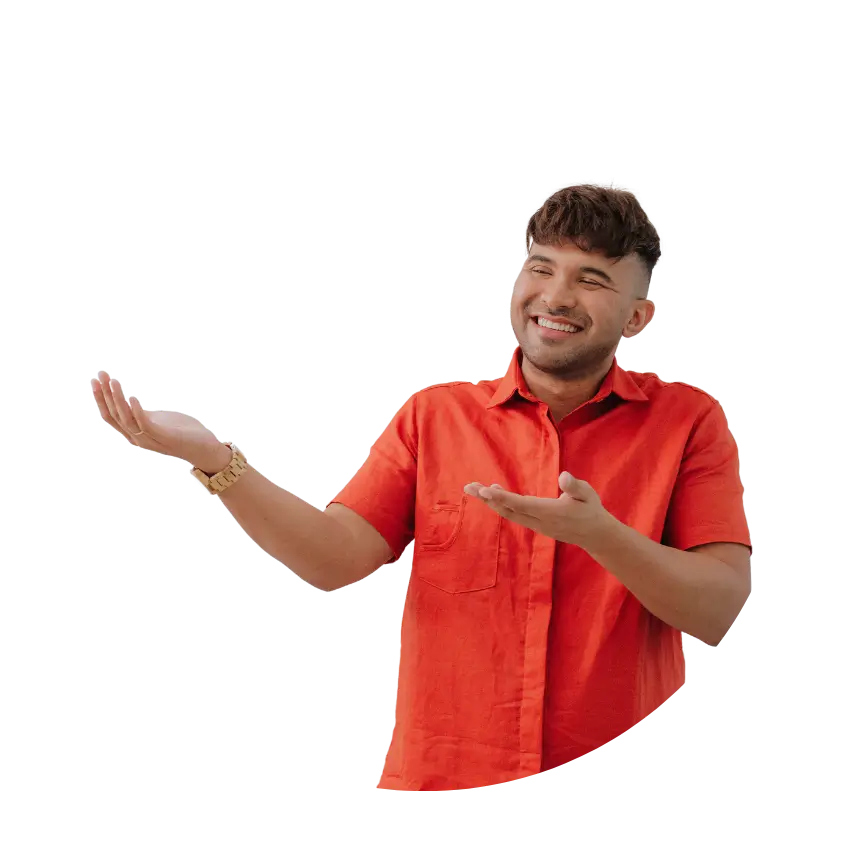 Blog Veresk sobre Psicologia Clínica Histórico Cultural. Na imagem, o psicólogo clínico histórico-cultural Me. Neto Oliveira usa uma camisa laranja avermelhada e aponta com leve sorriso para a seção "Dúvidas Frequentes" do blog Veresk. Com cabelo castanho curto, franja discreta e óculos redondos, Neto convida o leitor a explorar artigos sobre psicologia clínica histórico-cultural. A imagem reforça a identidade do blog como espaço de conhecimento acessível, confiável e atualizado para quem busca compreender a prática psicológica a partir da perspectiva histórico-cultural.
